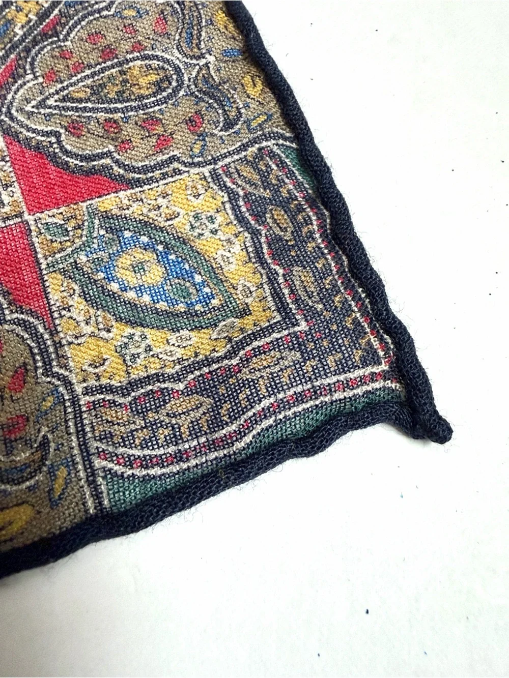 Vintage Large Wool (?) Paisley Shawl Scarf 54” Square Hand Rolled Multicolor
